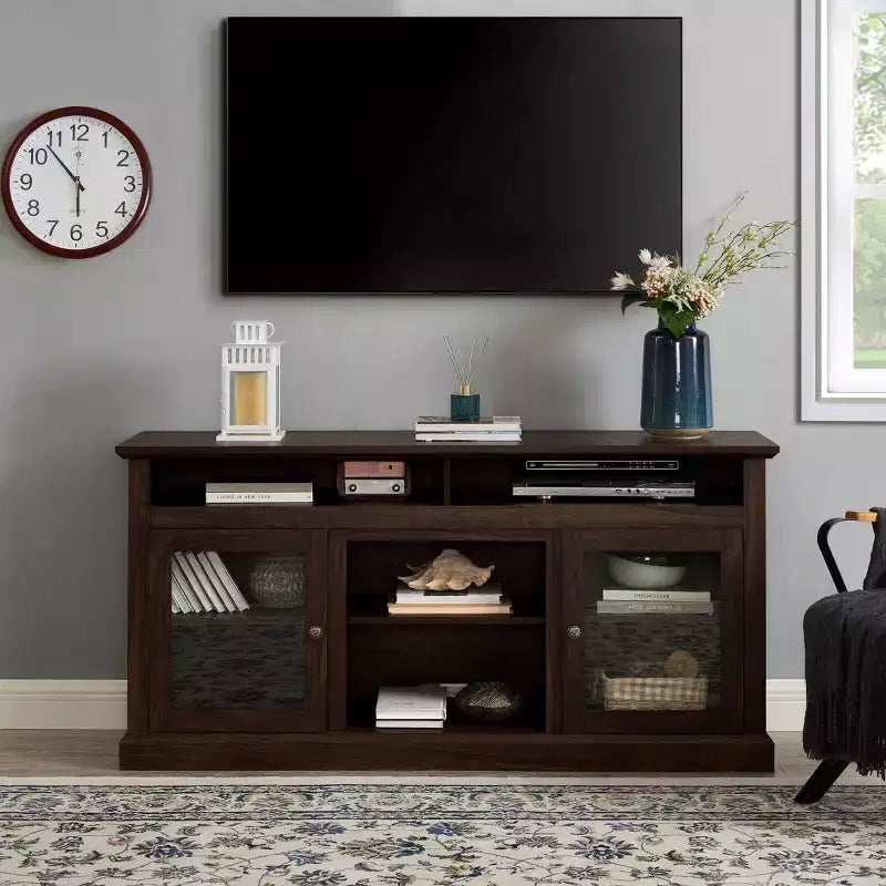 TV Stand with Glass Door for TVs up to 65 Inches, Modern Entertainment Center with Cabinets and Open Shelves