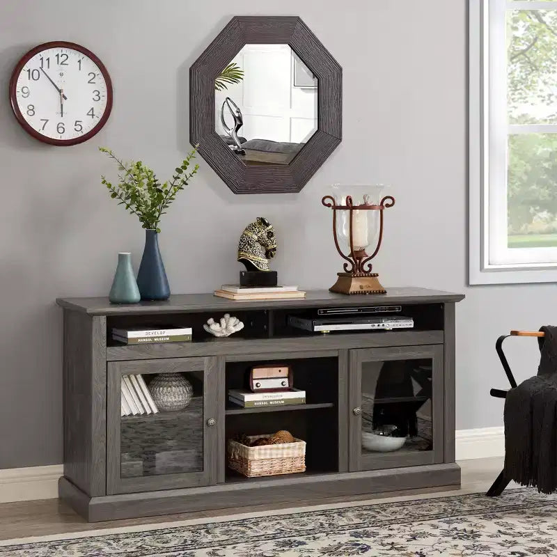 TUYOHW TV Stand with Glass Door for TVs up to 65 Inches,Modern Entertainment Center with Cabinets and Open Shelves