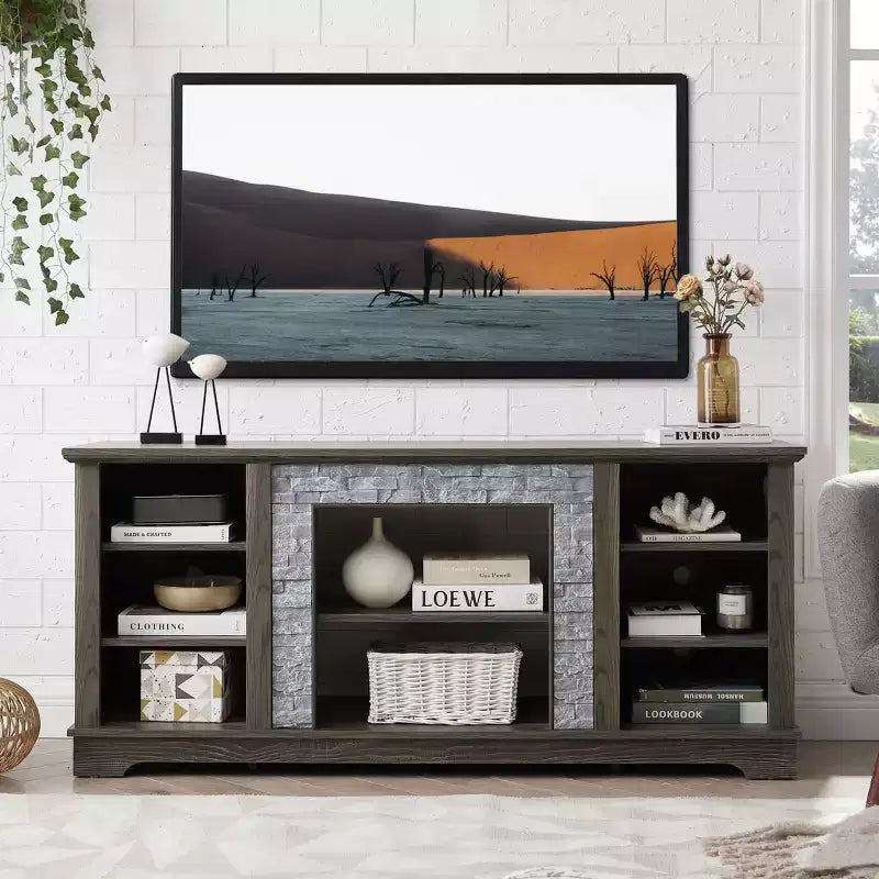 TUYOHW TV Stand for TVs up to 65 Inches,Farmhouse TV Media Console Table with Faux Stacked Stone Surround and Open Shelves