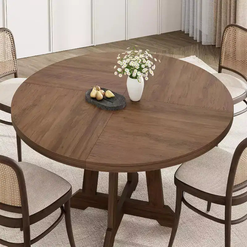 Round Dining Table for 4 - 47 Inch Brown Wood Farmhouse Style