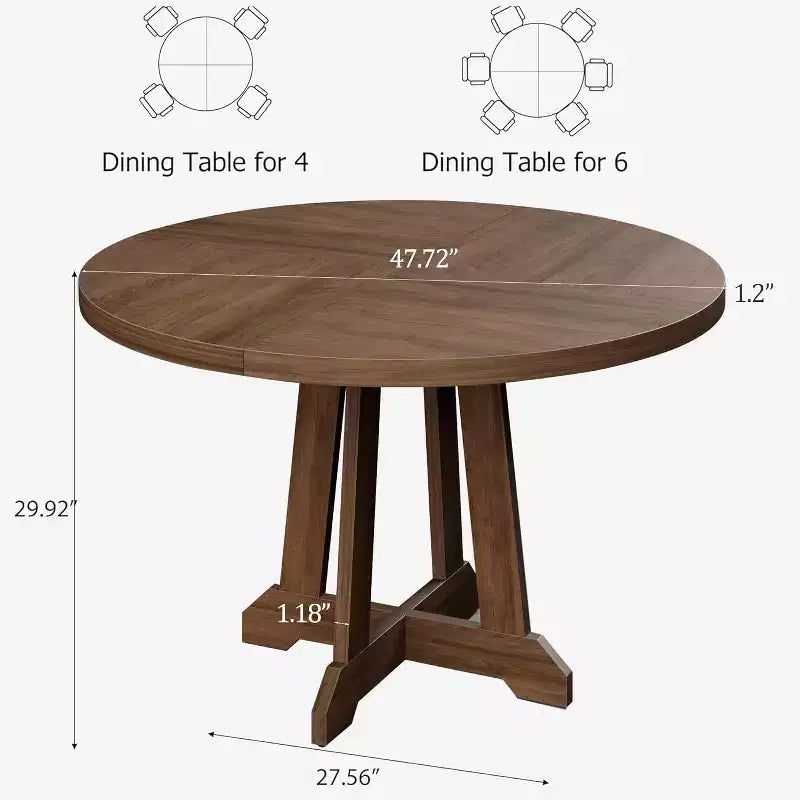 Round Dining Table for 4 - 47 Inch Brown Wood Farmhouse Style