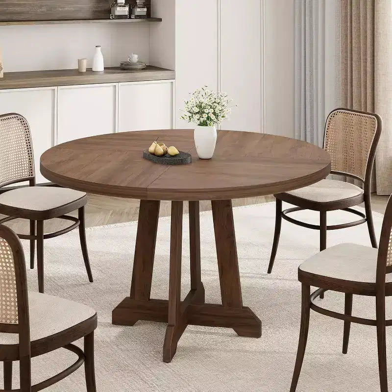 Round Dining Table for 4 - 47 Inch Brown Wood Farmhouse Style