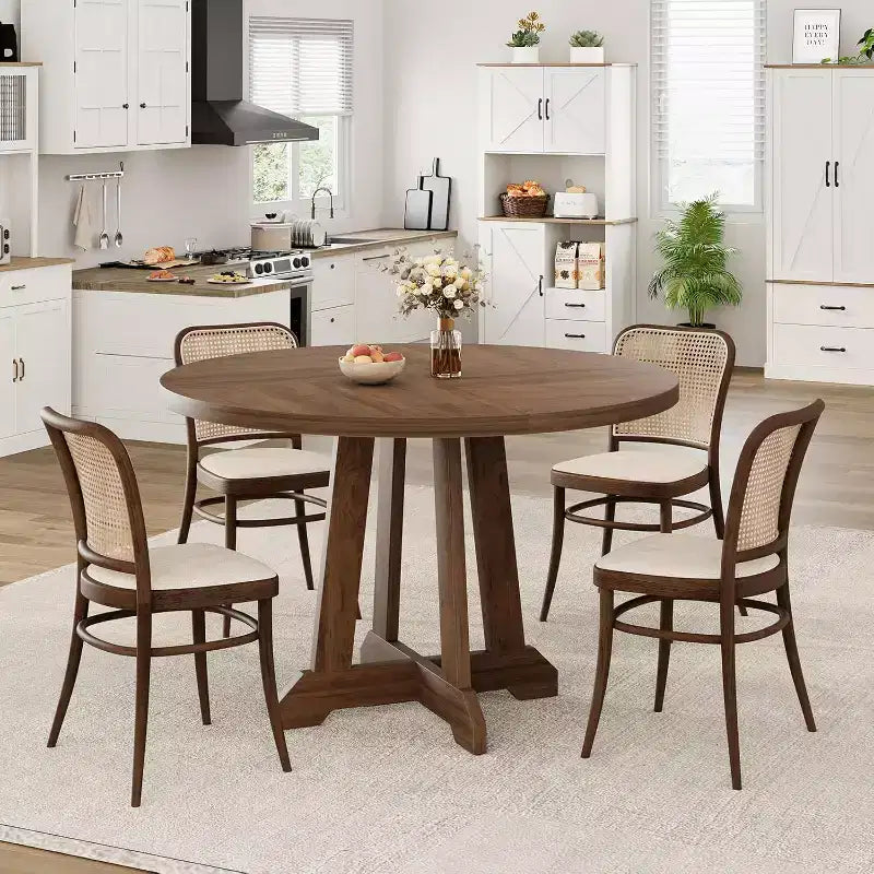 Round Dining Table for 4 - 47 Inch Brown Wood Farmhouse Style