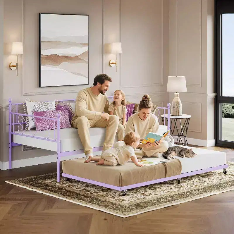 Purple Twin Daybed with Trundle, Premium Steel Slat Support, Space Saving Sofa Bed for Living Room, Bedroom, Guest Room