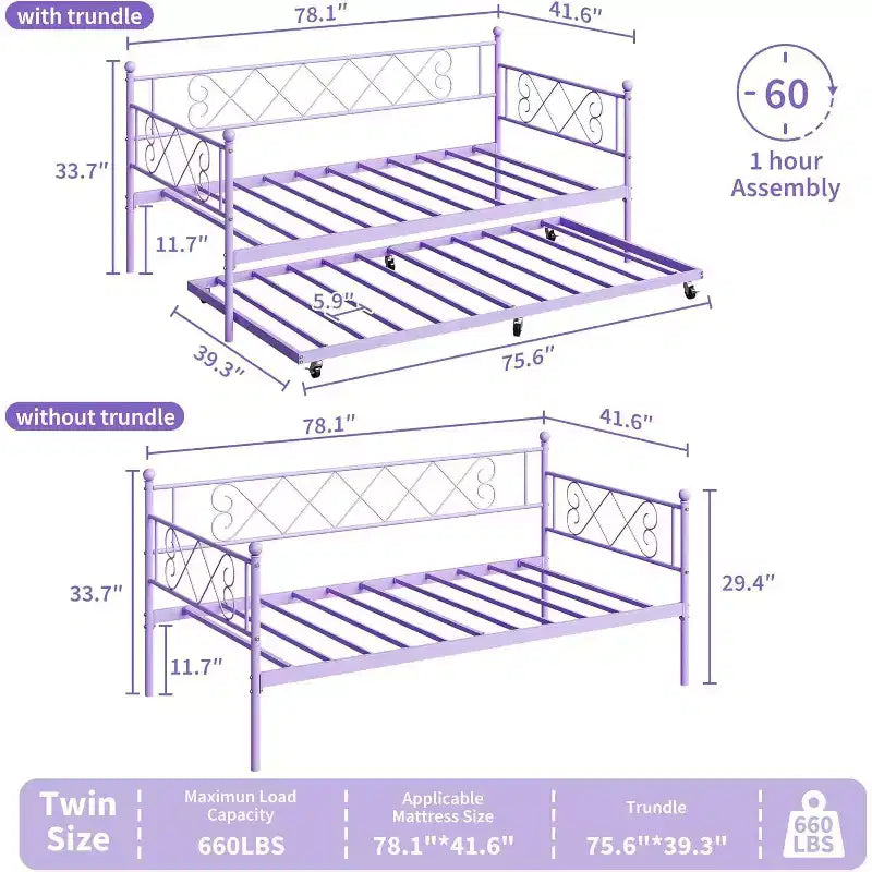 Twin Daybed with Trundle, Steel Slat Support, Space-Saving Sofa Bed for Living Room, Bedroom & Guest Room