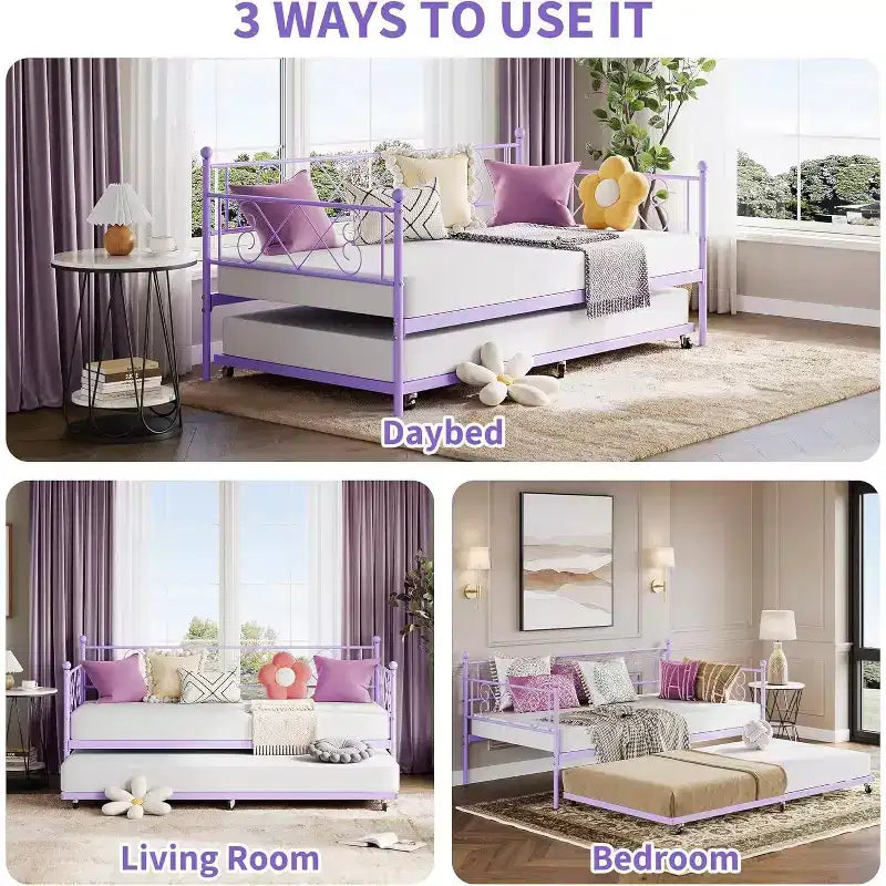 Twin Daybed with Trundle, Steel Slat Support, Space-Saving Sofa Bed for Living Room, Bedroom & Guest Room