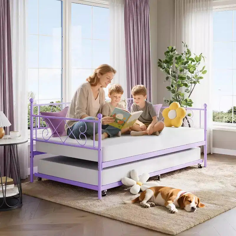 Twin Daybed with Trundle, Steel Slat Support, Space-Saving Sofa Bed for Living Room, Bedroom & Guest Room