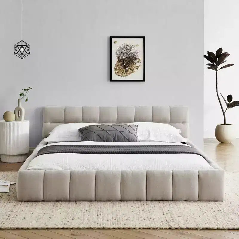 MAYEERTY Queen Size Upholstered Bed Frame with Headboard Solid Frame Chenille Fabric Beige