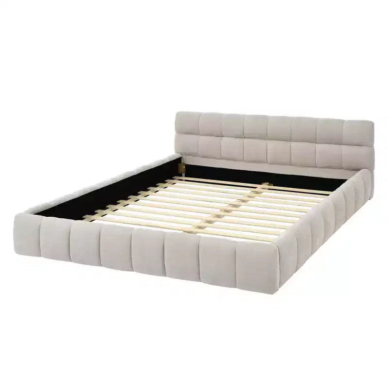 Upholstered Bed Frame with Headboard, Solid Wood Frame, Chenille Fabric, Beige