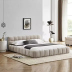 Cadre de lit rembourré avec tête de lit, cadre en bois massif, tissu chenille, beige