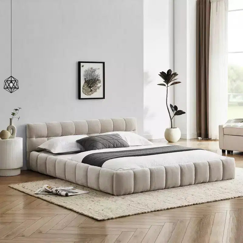 Upholstered Bed Frame with Headboard, Solid Wood Frame, Chenille Fabric, Beige