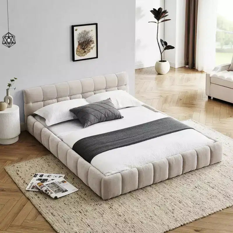 Upholstered Bed Frame with Headboard, Solid Wood Frame, Chenille Fabric, Beige