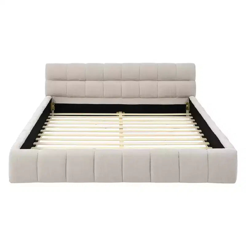 Upholstered Bed Frame with Headboard, Solid Wood Frame, Chenille Fabric, Beige