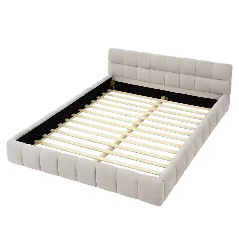 Upholstered Bed Frame with Headboard, Solid Wood Frame, Chenille Fabric, Beige