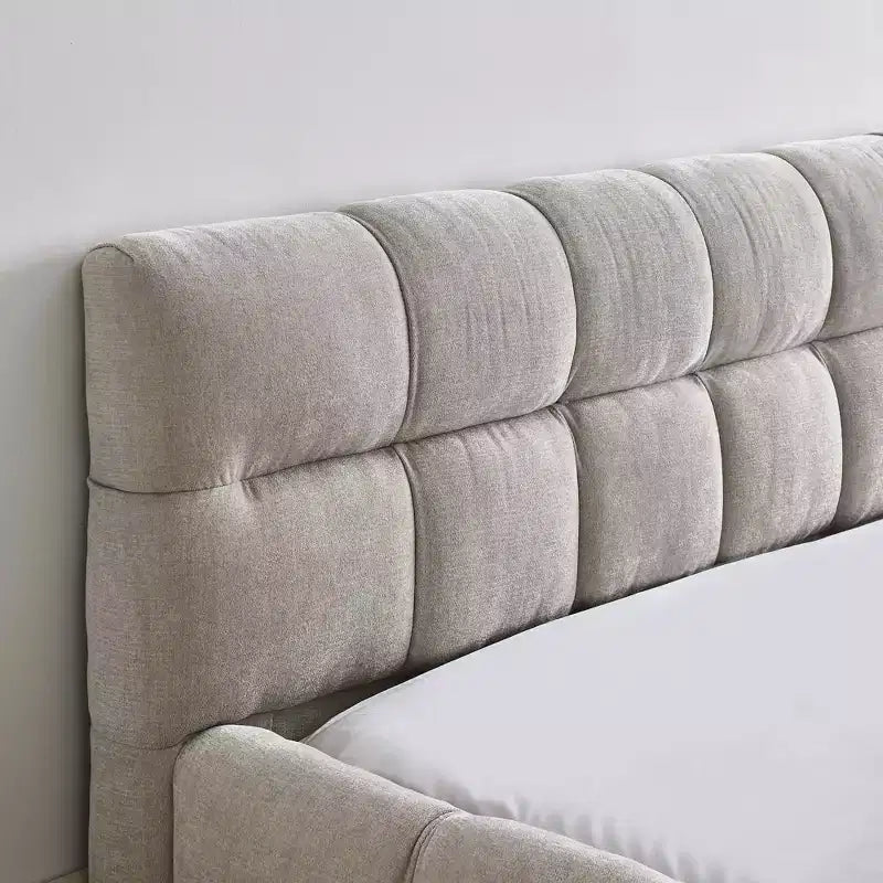 Upholstered Bed Frame with Headboard, Solid Wood Frame, Chenille Fabric, Beige