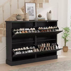 Fluted Shoe Cabinet Storage with 4 Flip Drawers, Wooden Fluted Narrow Shoe Organizer with Adjustable and Removable Shelves