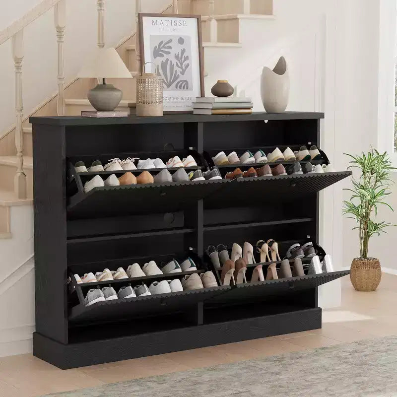 Fluted Shoe Cabinet Storage with 4 Flip Drawers, Wooden Fluted Narrow Shoe Organizer with Adjustable and Removable Shelves