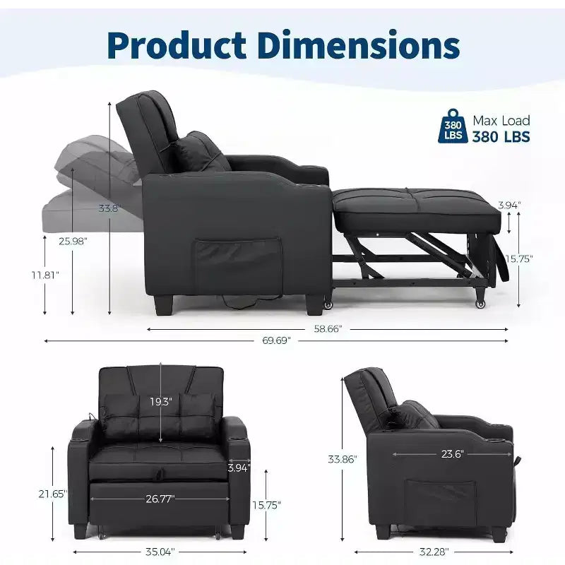 4-in-1 Convertible Sleeper Chair Bed with Massage Lumbar Pillow & USB Ports