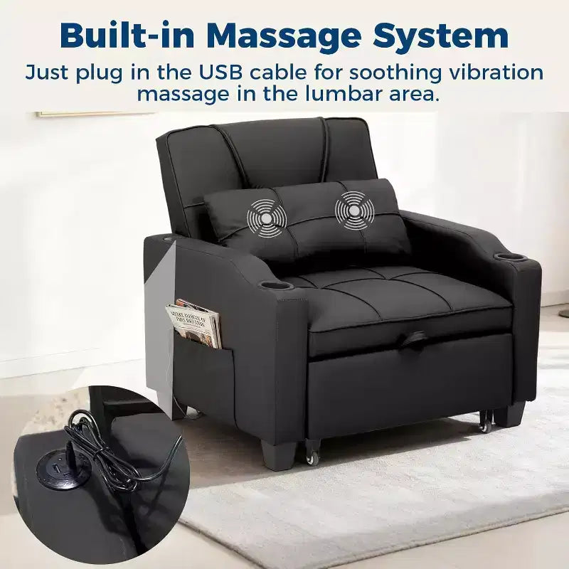 4-in-1 Convertible Sleeper Chair Bed with Massage Lumbar Pillow & USB Ports