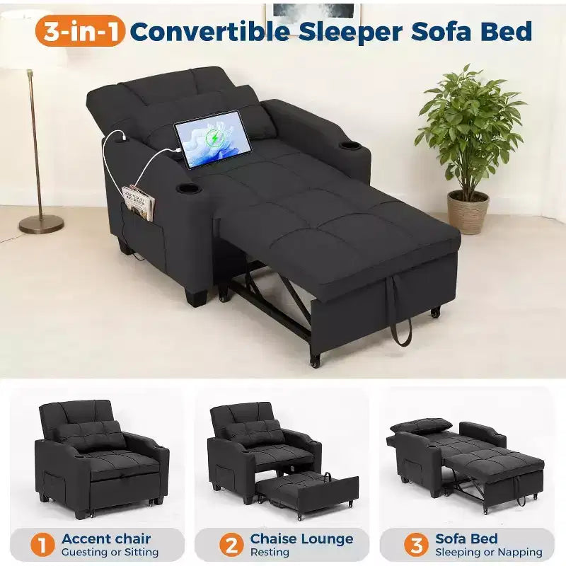 4-in-1 Convertible Sleeper Chair Bed with Massage Lumbar Pillow & USB Ports