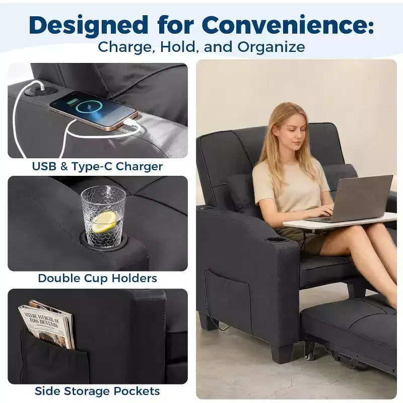 4-in-1 Convertible Sleeper Chair Bed with Massage Lumbar Pillow & USB Ports