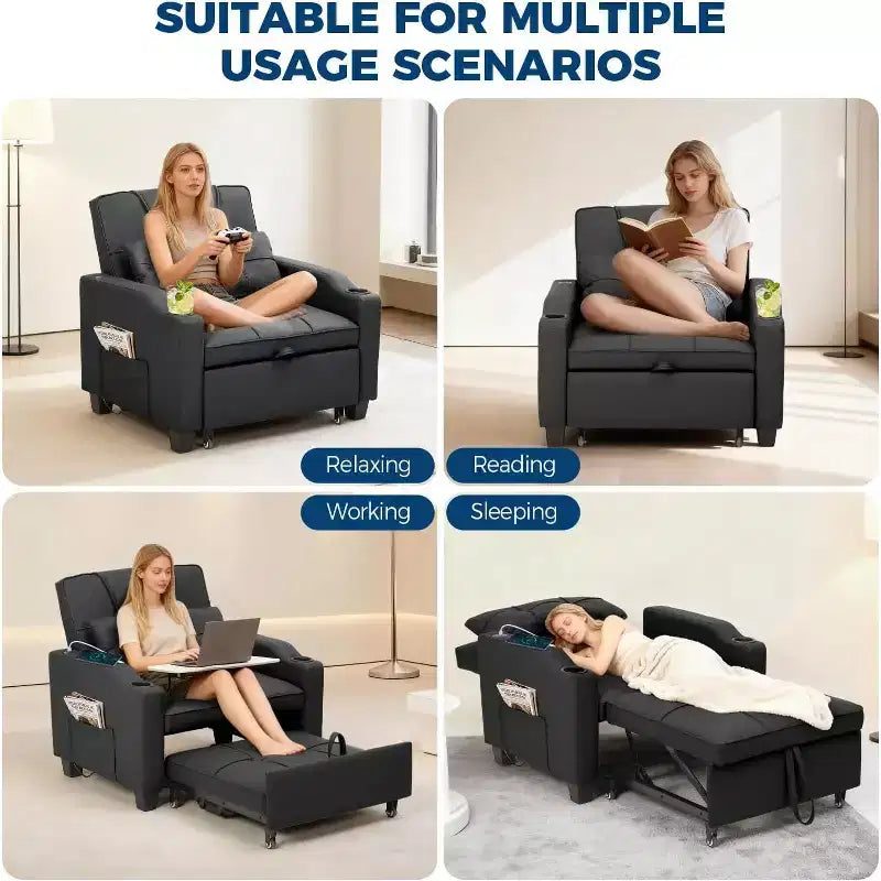 4-in-1 Convertible Sleeper Chair Bed with Massage Lumbar Pillow & USB Ports
