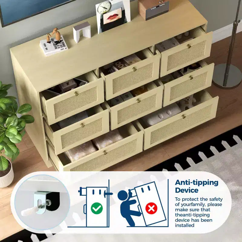 Modern 8-Drawer Dresser, Long Wooden Storage Chest with Metal Handles for Bedroom & Living Room
