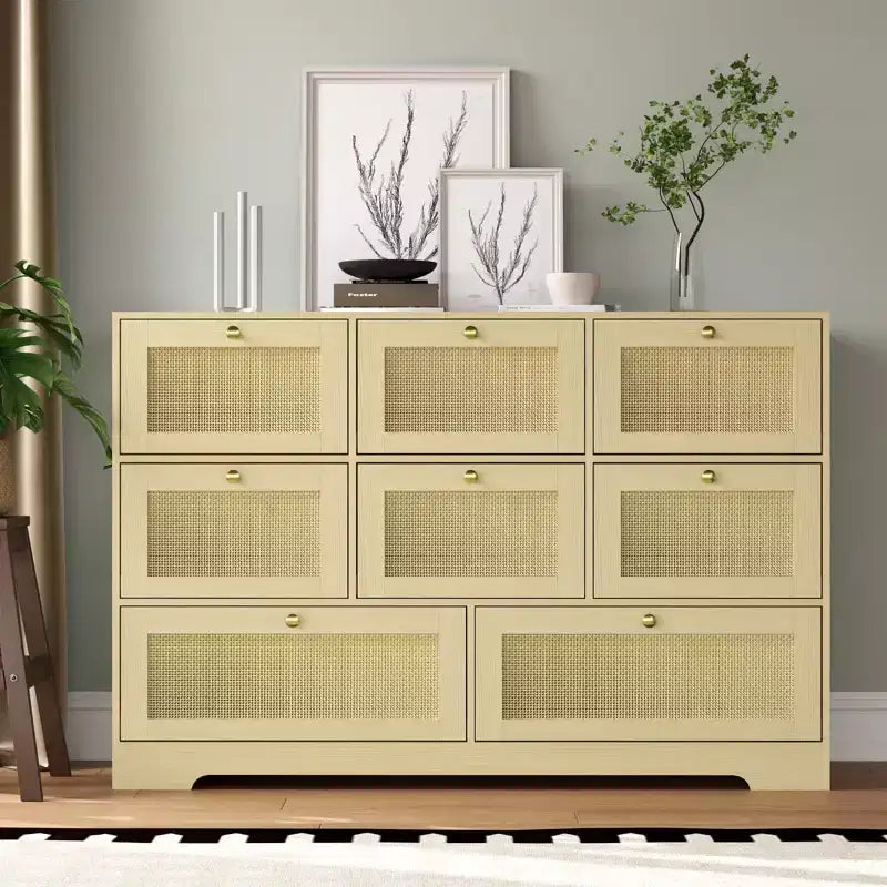 Modern 8-Drawer Dresser, Long Wooden Storage Chest with Metal Handles for Bedroom & Living Room