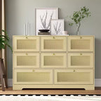 Commode moderne à 8 tiroirs, Longue commode de rangement en bois avec poignées métalliques pour chambre et salon