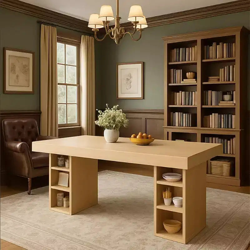 Rectangular Dining Table with Storage, Seats 6-8, Double Pedestal Base