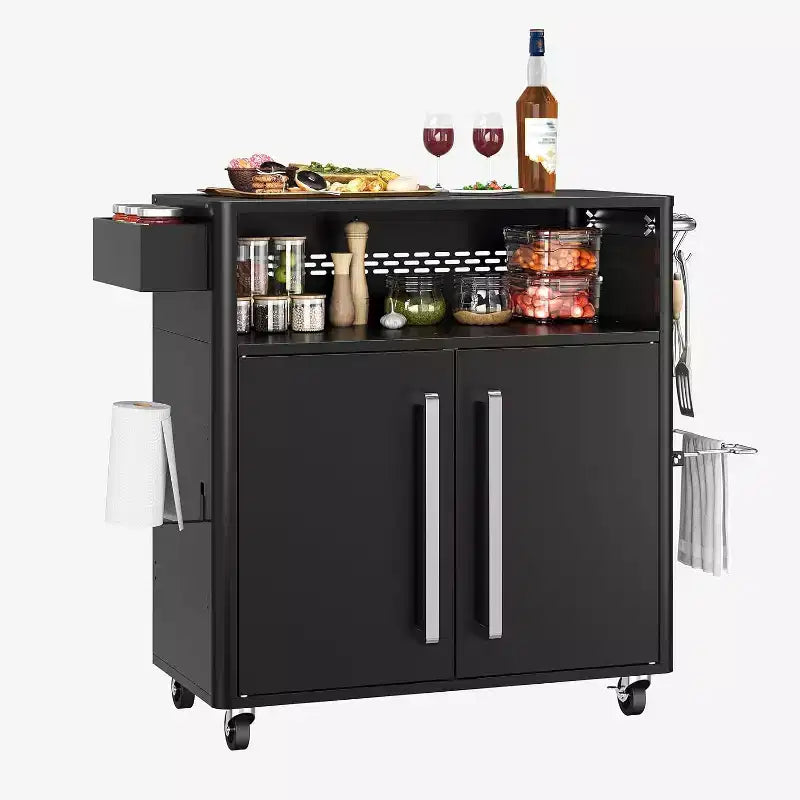 GustoWave Black Heavy-Duty Outdoor Grill Cart with Wheels & Storage - 2-Tier BBQ Prep Table for Patio