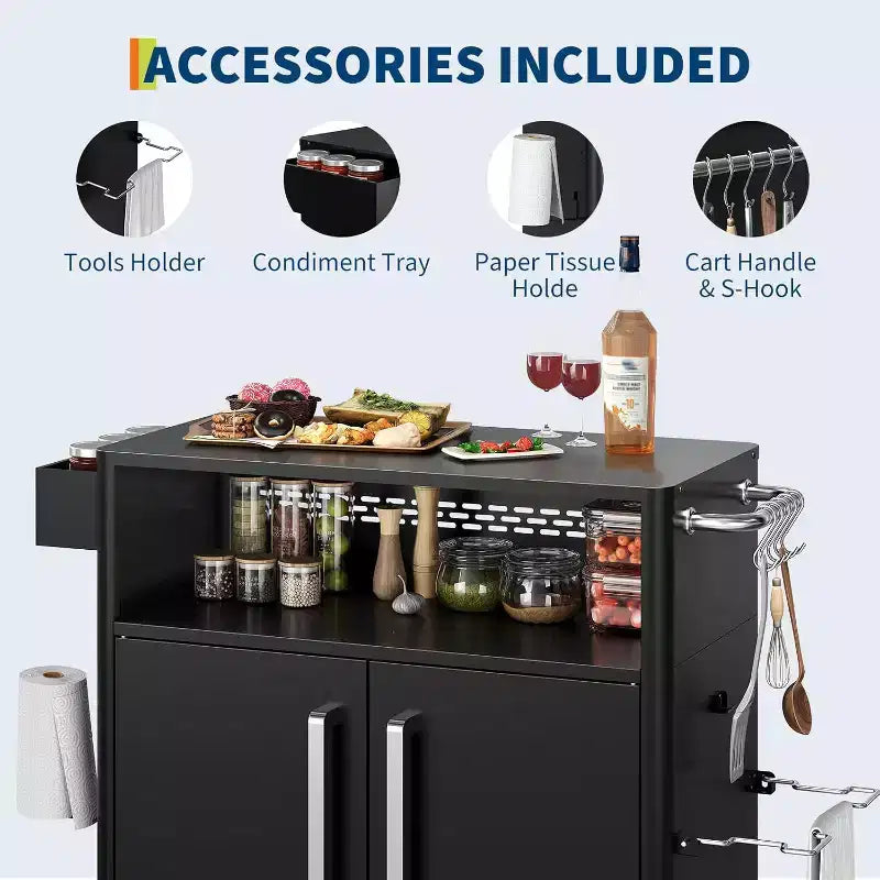 Black Heavy-Duty Outdoor Grill Cart with Wheels & Storage - 2-Tier BBQ Prep Table for Patio