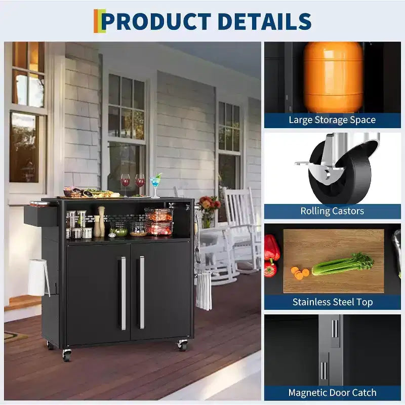 Black Heavy-Duty Outdoor Grill Cart with Wheels & Storage - 2-Tier BBQ Prep Table for Patio