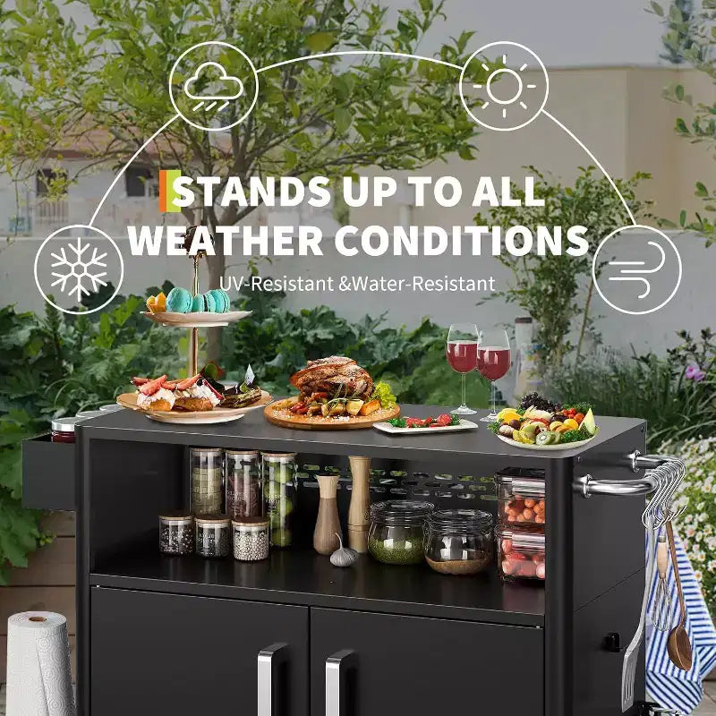 Black Heavy-Duty Outdoor Grill Cart with Wheels & Storage - 2-Tier BBQ Prep Table for Patio