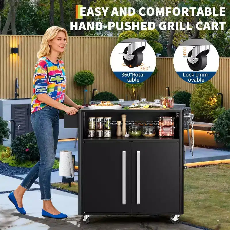 Black Heavy-Duty Outdoor Grill Cart with Wheels & Storage - 2-Tier BBQ Prep Table for Patio