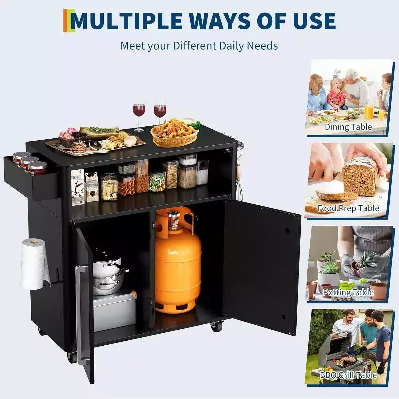 Black Heavy-Duty Outdoor Grill Cart with Wheels & Storage - 2-Tier BBQ Prep Table for Patio