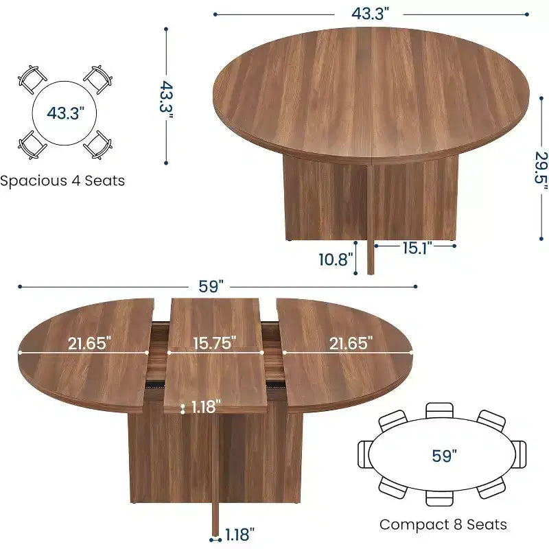 Extendable Round Dining Table, Modern Oval Design with Removable Leaves for 4-8 People