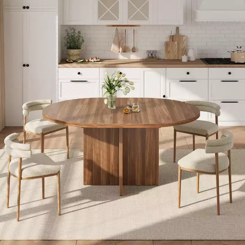 Extendable Round Dining Table, Modern Oval Design with Removable Leaves for 4-8 People