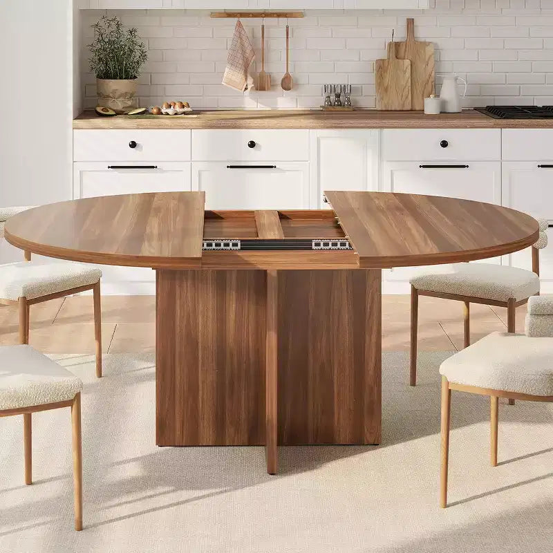 Extendable Round Dining Table, Modern Oval Design with Removable Leaves for 4-8 People