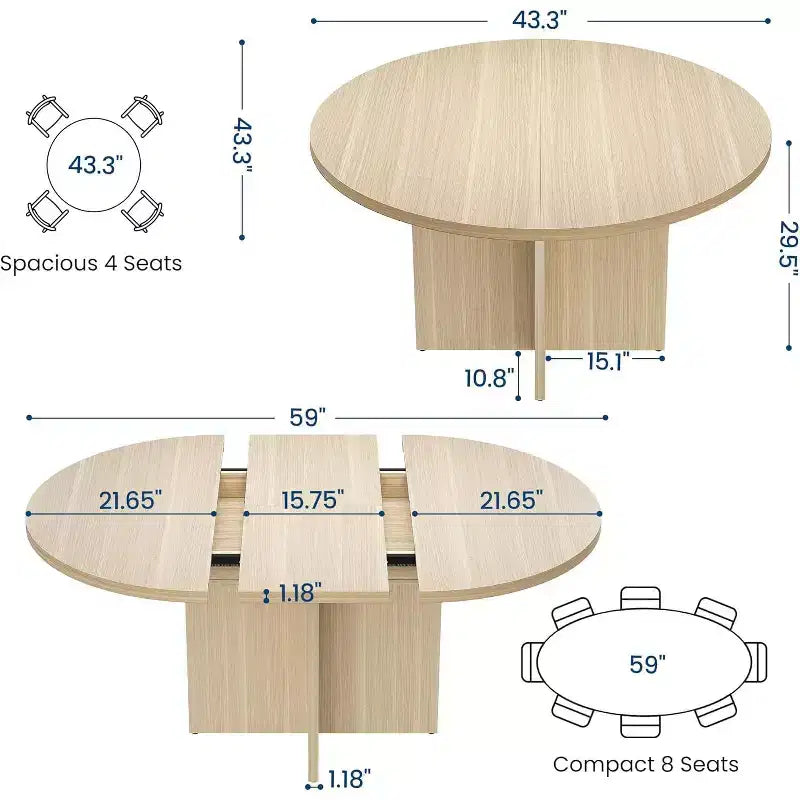 Extendable Round Dining Table, Modern Oval Design with Removable Leaves for 4-8 People