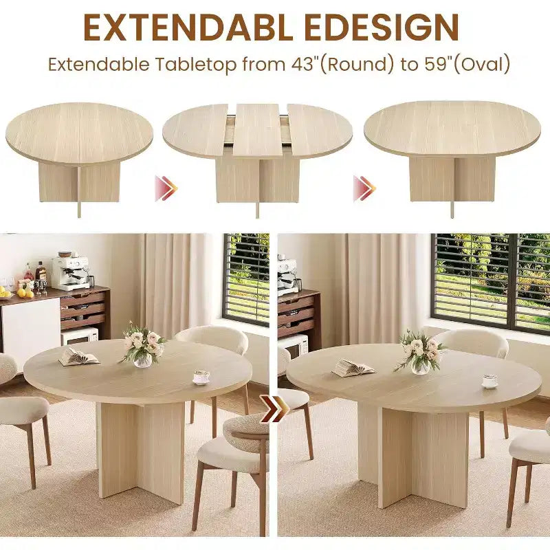 Extendable Round Dining Table, Modern Oval Design with Removable Leaves for 4-8 People