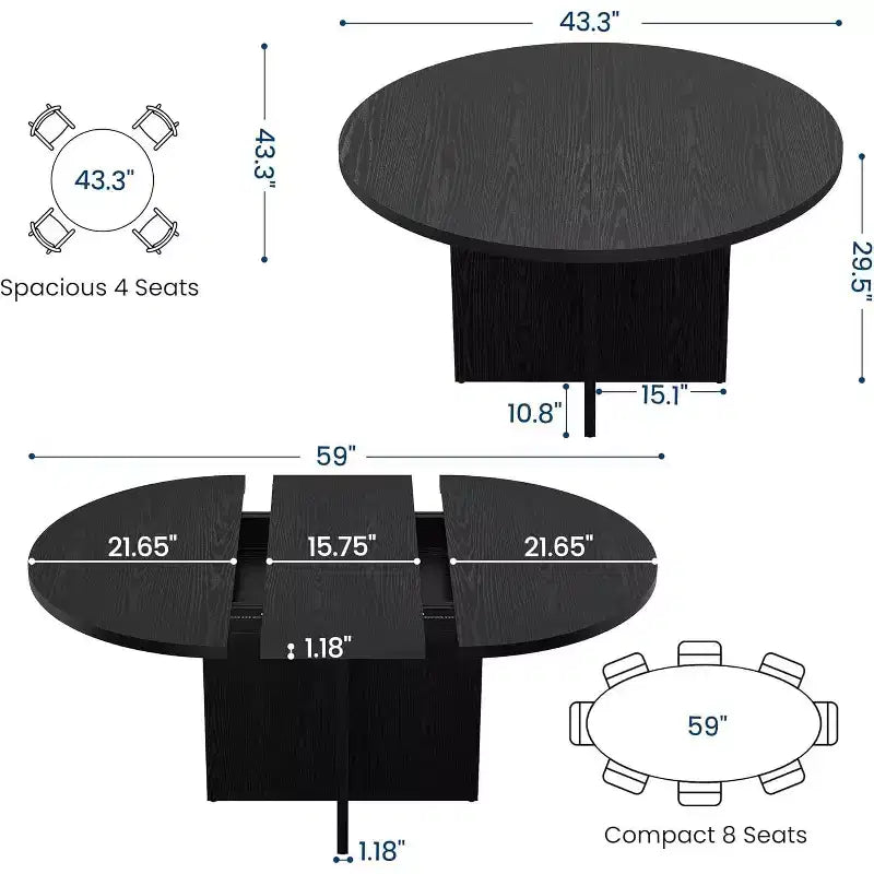Extendable Round Dining Table, Modern Oval Design with Removable Leaves for 4-8 People