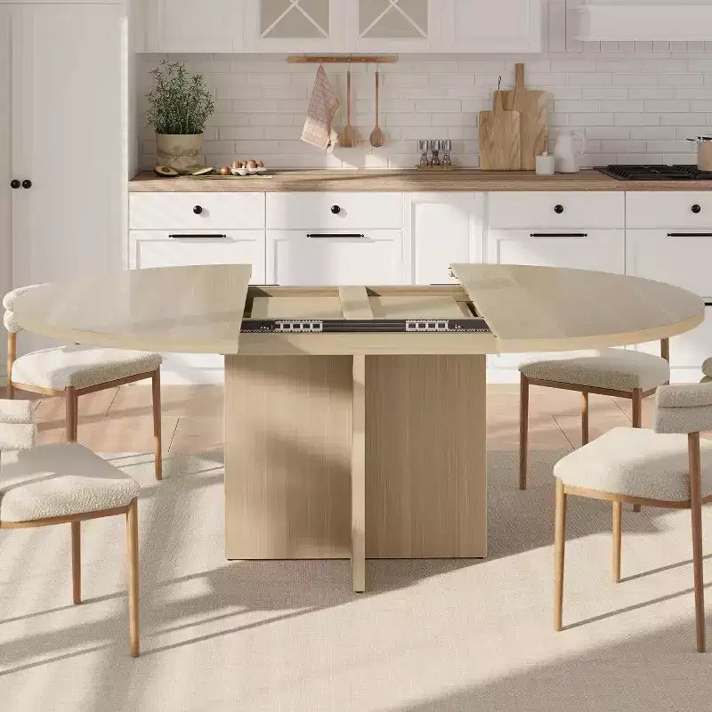 Extendable Round Dining Table, Modern Oval Design with Removable Leaves for 4-8 People