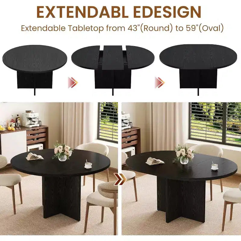 Extendable Round Dining Table, Modern Oval Design with Removable Leaves for 4-8 People