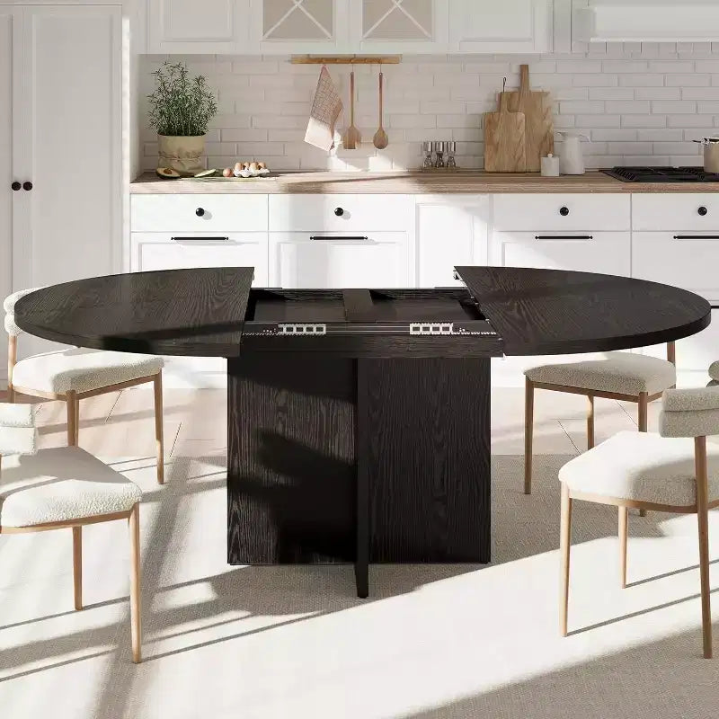 Extendable Round Dining Table, Modern Oval Design with Removable Leaves for 4-8 People