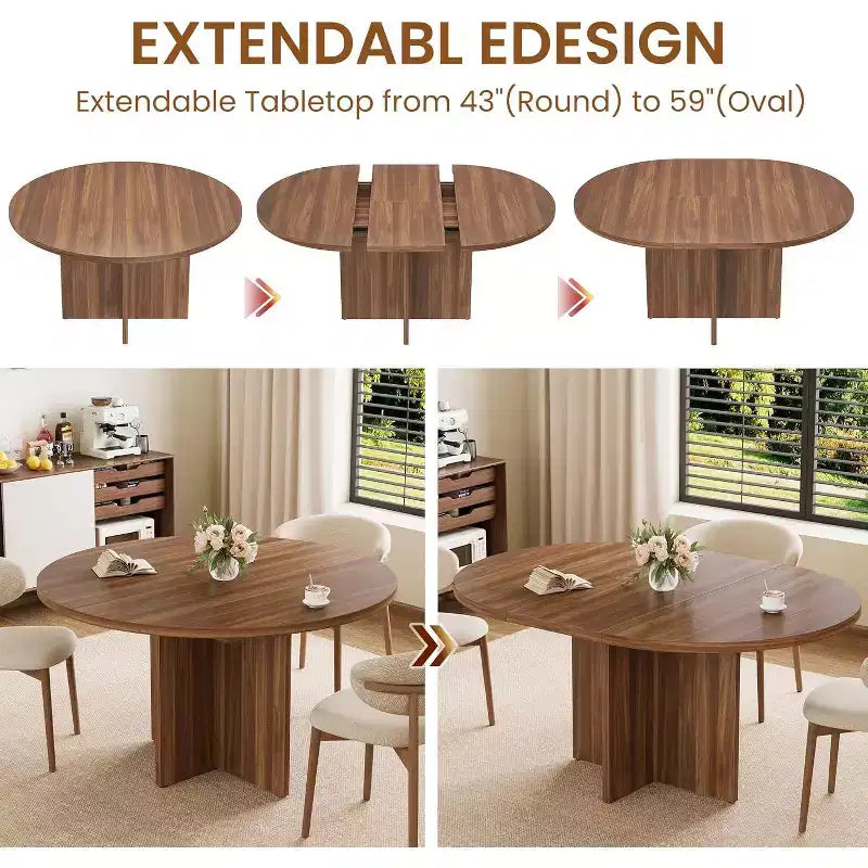 Extendable Round Dining Table, Modern Oval Design with Removable Leaves for 4-8 People