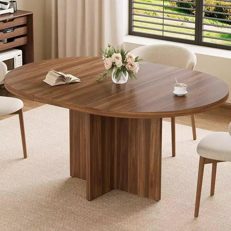 Extendable Round Dining Table, Modern Oval Design with Removable Leaves for 4-8 People