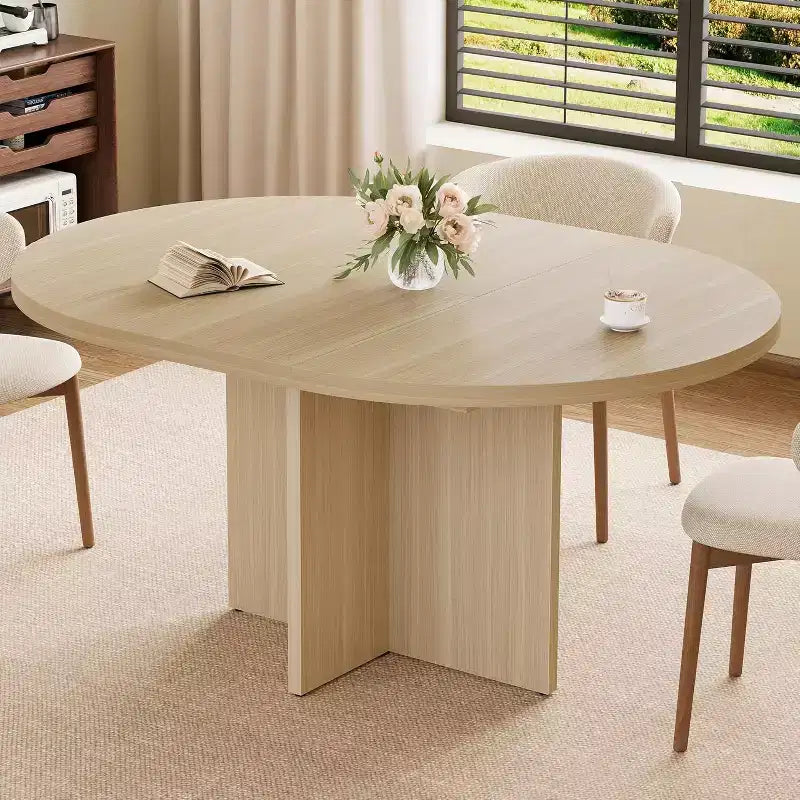 Extendable Round Dining Table, Modern Oval Design with Removable Leaves for 4-8 People