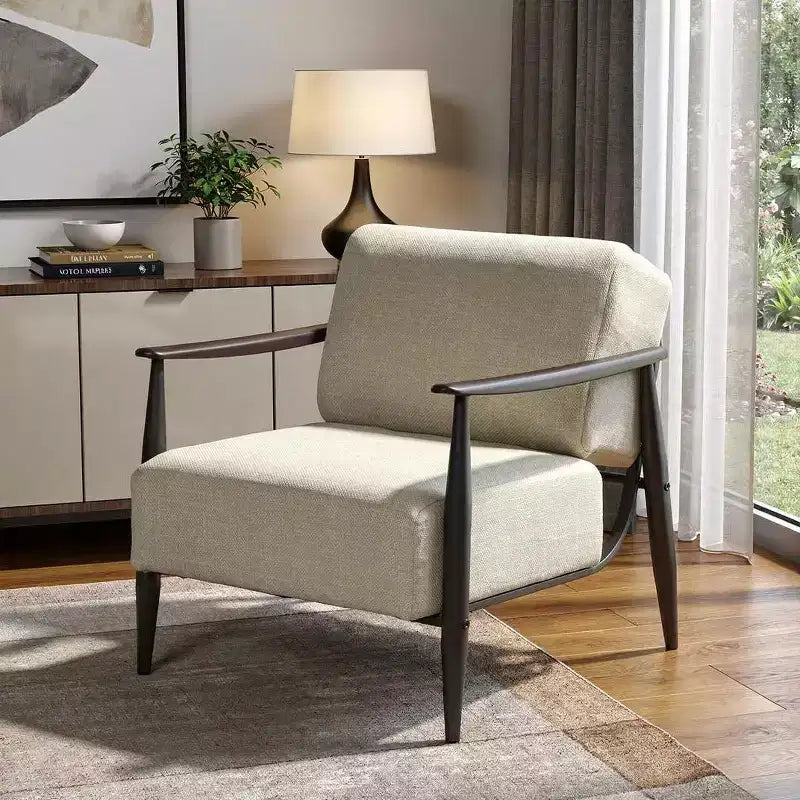 28" Beige and Black Upholstered Cushion Solid Wood Arm Chair