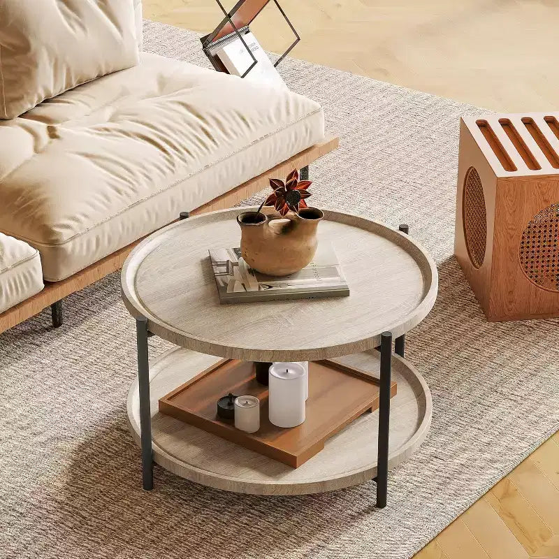 Round Coffee Table with Storage, Natural Wood 36 Coffee Table with 2-Tier Open Shelves, Modern Farmhouse Center Table for Living Room